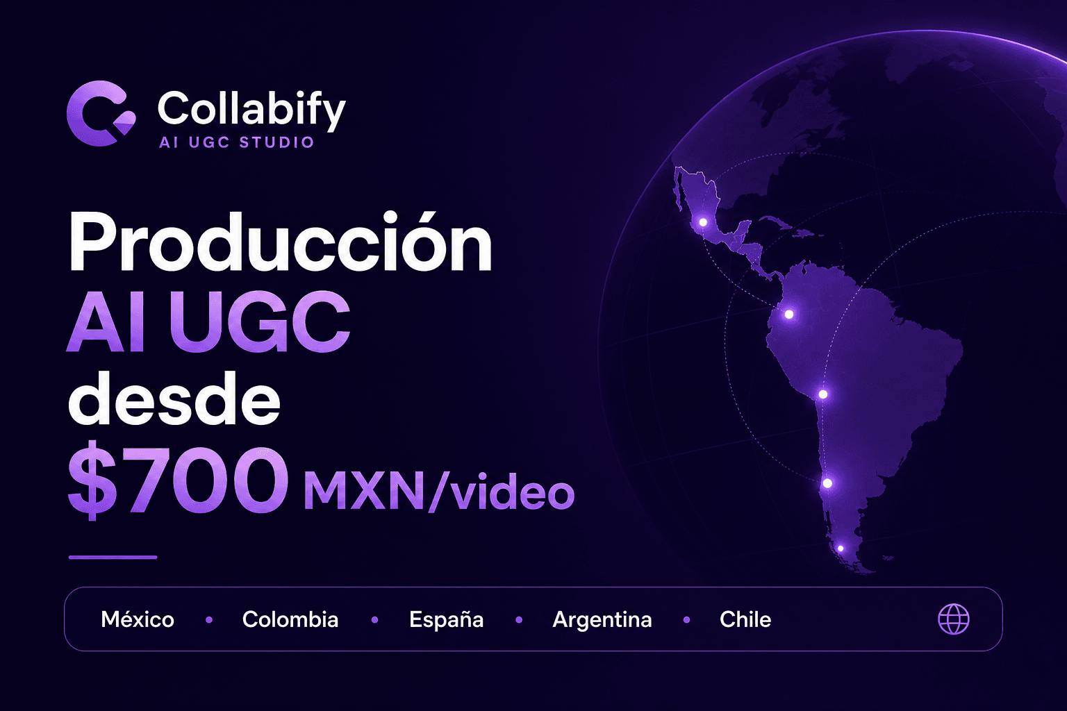 Producción AI UGC para marcas en México y LATAM — Collabify AI UGC Studio desde $700 MXN por video